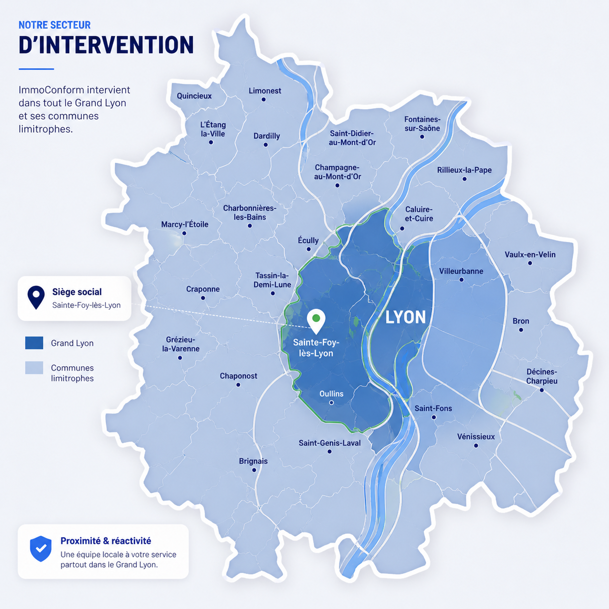 Carte d'intervention ImmoConform à Lyon, dans la métropole de Lyon et les communes avoisinantes
